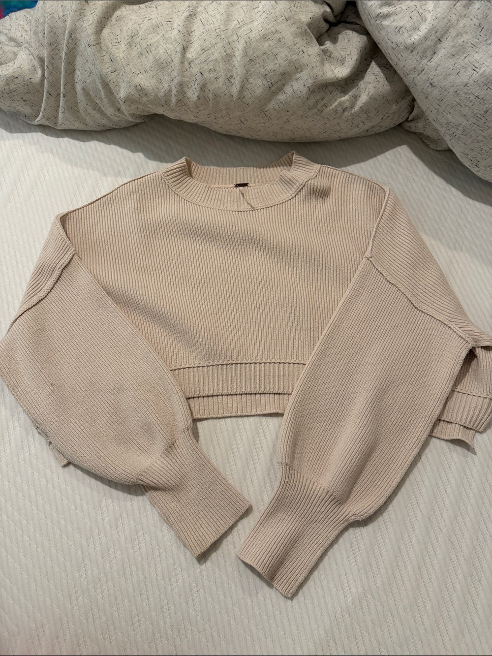 Free People Easy Street Cropped Rib-Knit Sweater in Light Beige